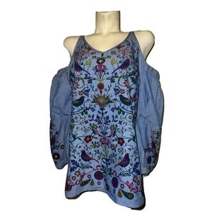 ICONIC Blue Cold Shoulder Embroidered Bird Floral Tunic Top Women's Size 16